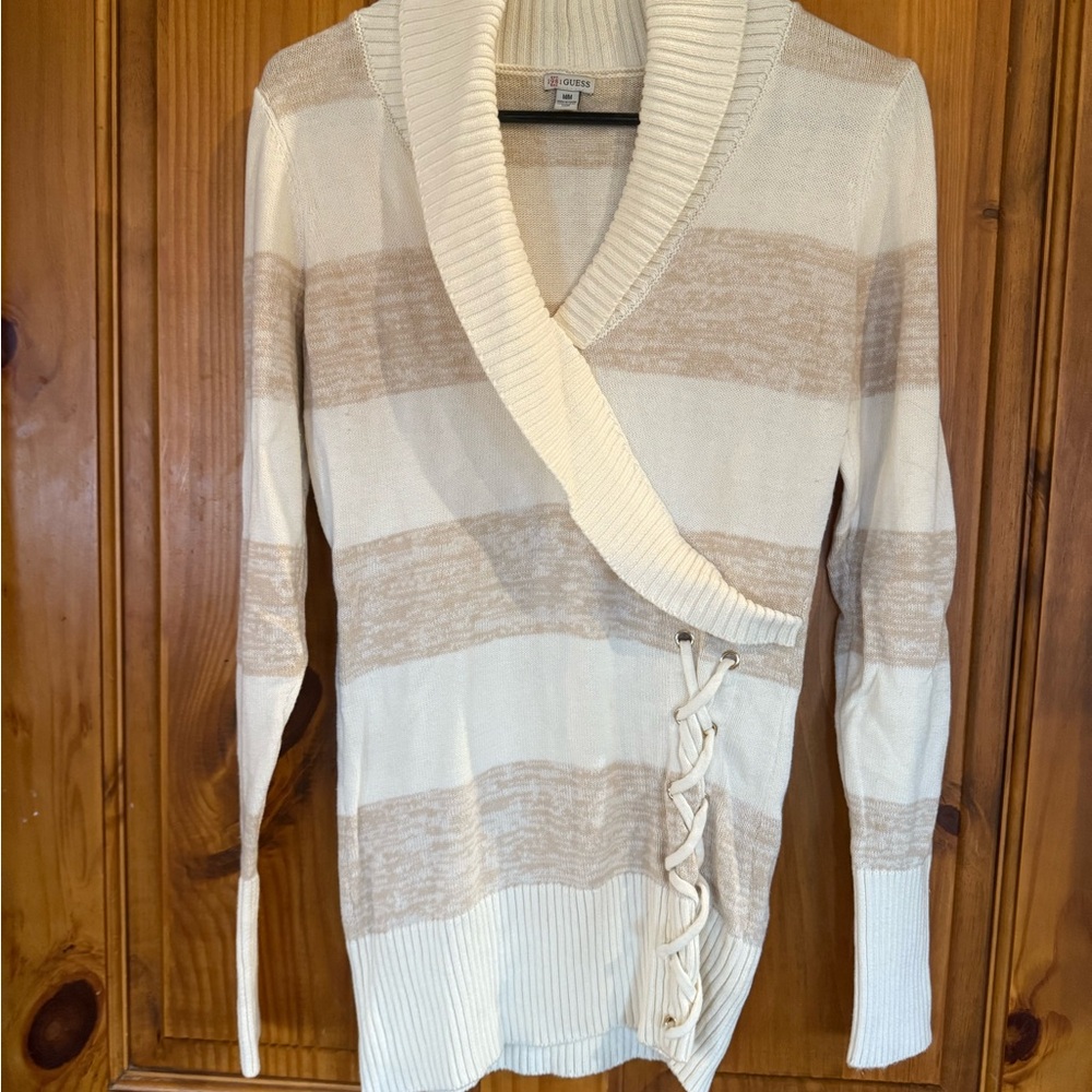 Guess Cream and Tan V-Neck Sweater with Lace-Up Detail